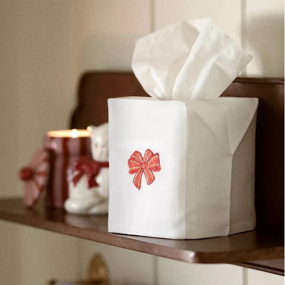 Anthropologie Embroidered Tissue Cover Red Bow Square Tissue Box Style NWT